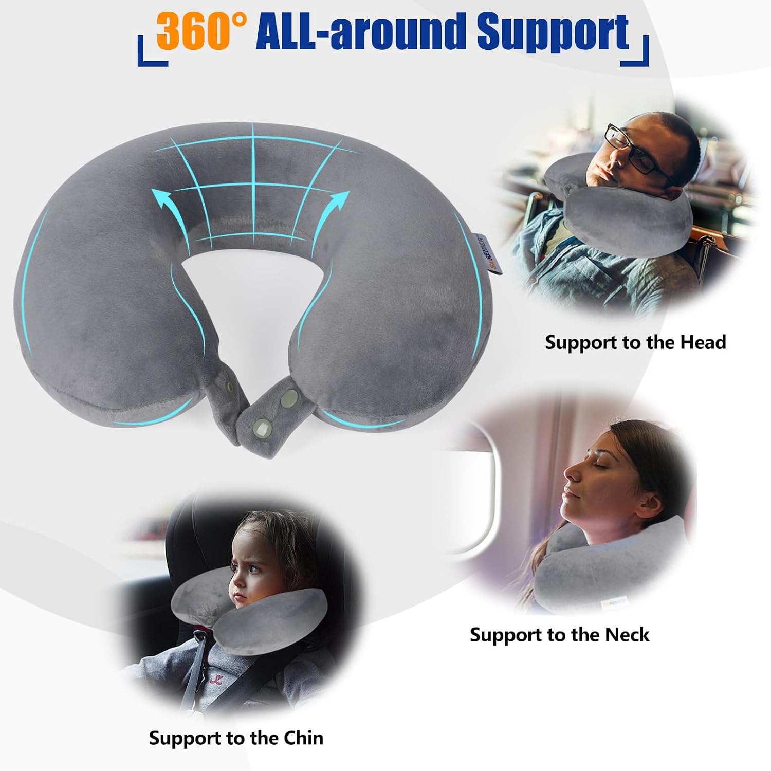 SAIREIDER Travel Pillows for Sleeping Airplane 100% Pure Memory Foam Neck Pillow for Airplanes Washable Cover(Grey) - Image 3