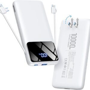 Portable Charger 10000mAh Power Bank with Built-in Cables and Wall Plug