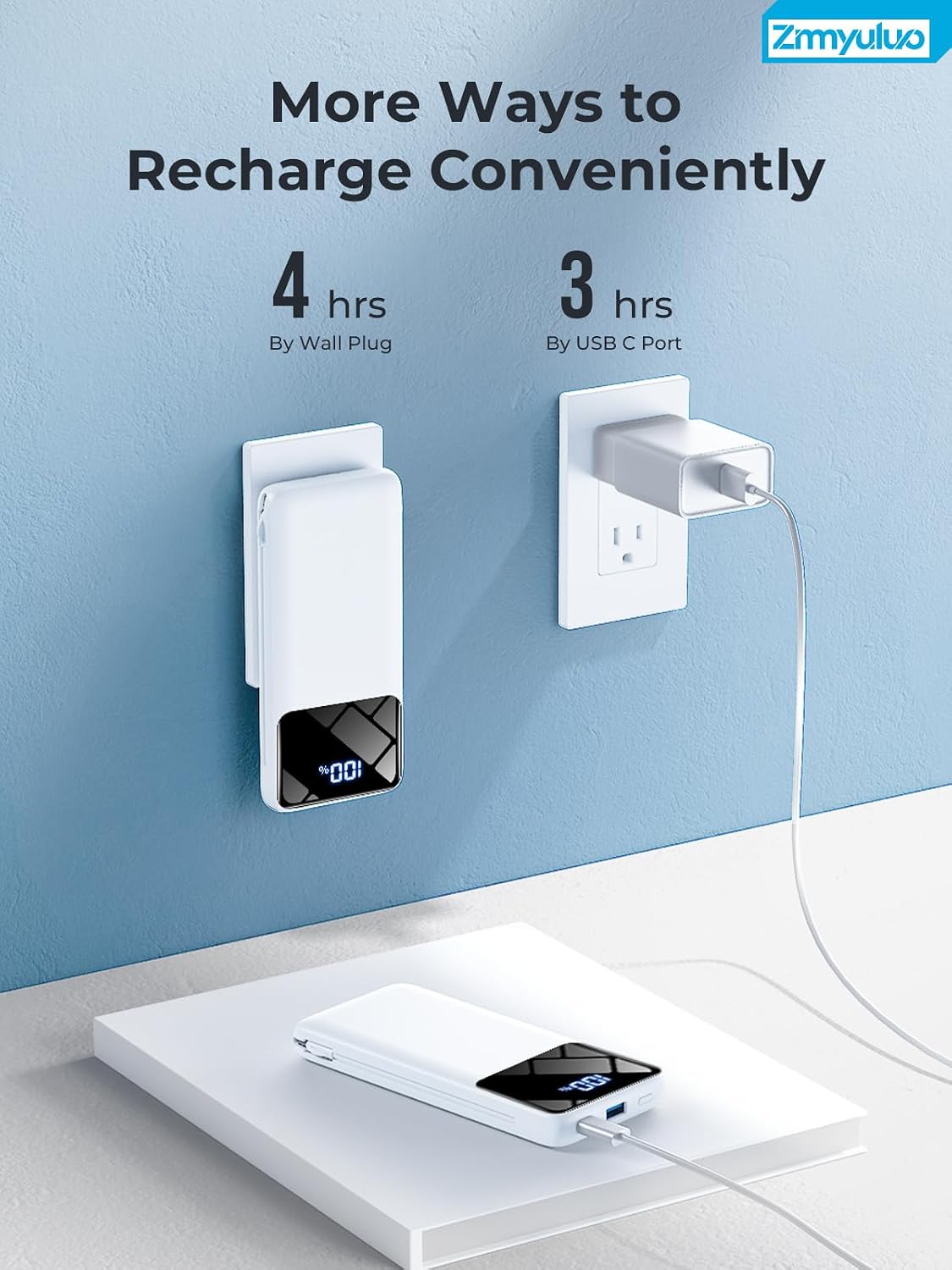 Portable Charger 10000mAh Power Bank with Built-in Cables and Wall Plug - Image 8